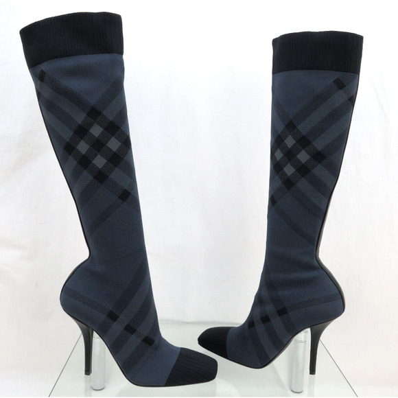 $1000 BURBERRY DOLMAN NAVY GRAY KNITTED CHECK KNEE HIGH HEEL SOCK BOOTS 37 - Picture 5 of 15